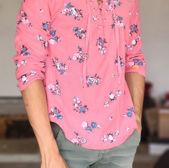 Pink Floral Spring Long Sleeve shirt with lace up front - Picture 2 of 5